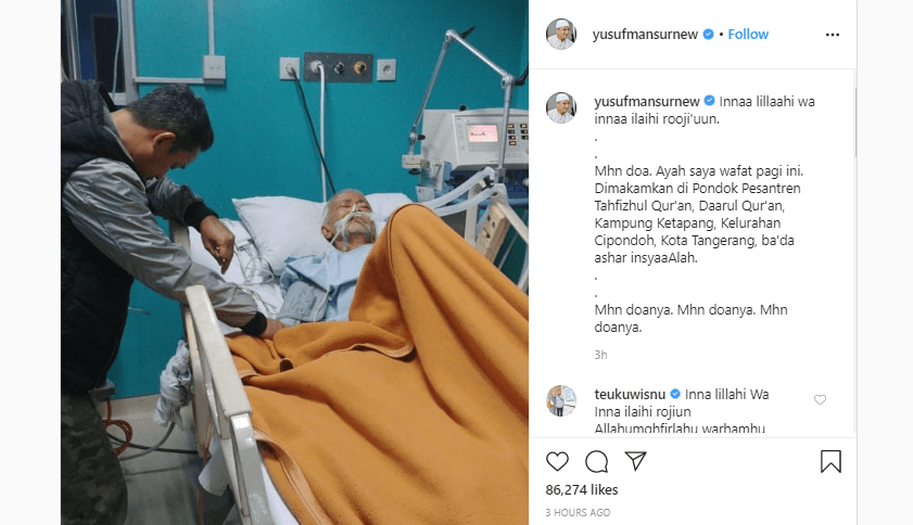 NEWS: Unggahan Instagram akun Ustad Yusuf Mansur saat menunggu ayahnya di Rumah Sakit (Foto: Dok Pribadi)