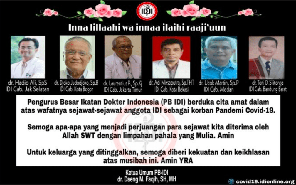 PENGHORMATAN TERTINGGI: Daftar enam dokter yang gugur dalam tugas saat tangani pasien Covid-19. (Sumber: akun Twitter @PBIDI)