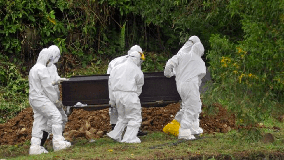 Seorang jenazah dimakamkan sesuai standar protokol pemakaman untuk pasien yang sudah positif Covid-19. (Foto: Internet)