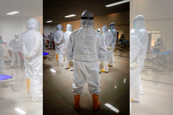 KEMANUSIAAN: Alumni Fikes UM Magelang, Aji Setyo Mustofa yang menjadi relawan covid di RSD Wisma Atlet Kemayoran. (Foto: istimewa)