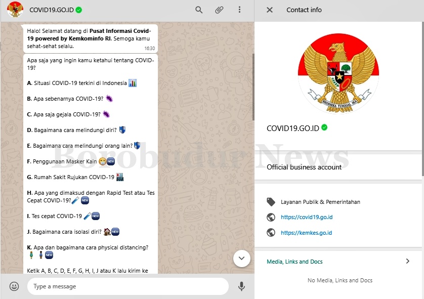 Nomor WhastApp Call Center Covid-19 RI dengan pesan otomatis