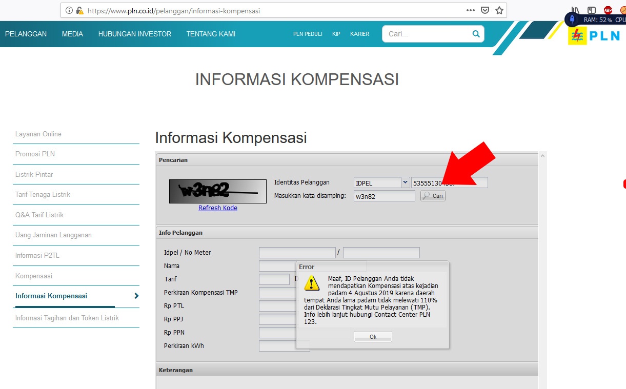 NEWS: WEB PLN untuk klaim token listrik error (Foto: Istimewa)