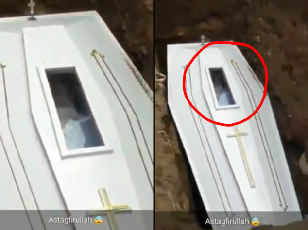 Tangkapan layar video diduga mayat lambaikan tangan dari dalam peti.