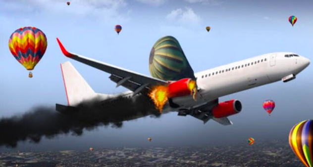 Gambar ilustrasi pesawat menabrak balon udara.