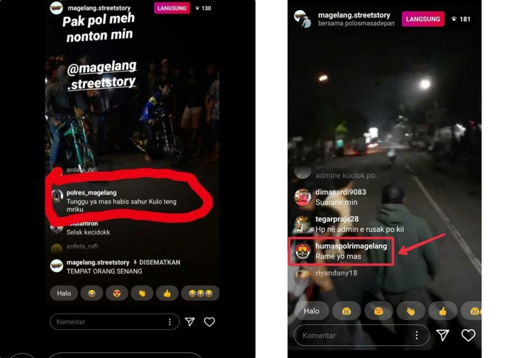 Screnshoote siaran langsung balap liar dicoment akun mengatas namakan Polres Magelang (6/5/2020)