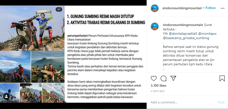 Postingan Akun Sindoro Sumbing Mountain terkait aksi nekat trabas