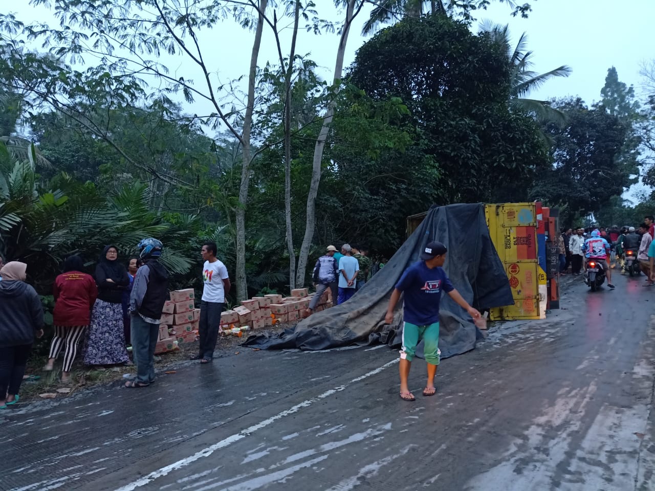 Truk bermuatan sosis mengalami kecelakaan di Sawangan (18/6/2020)-(Foto: Istimewa)