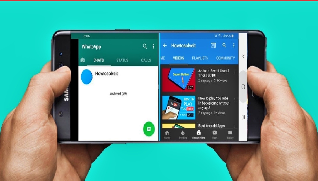 multi split media sosial platform youtube dan whatsApp di smartphone
