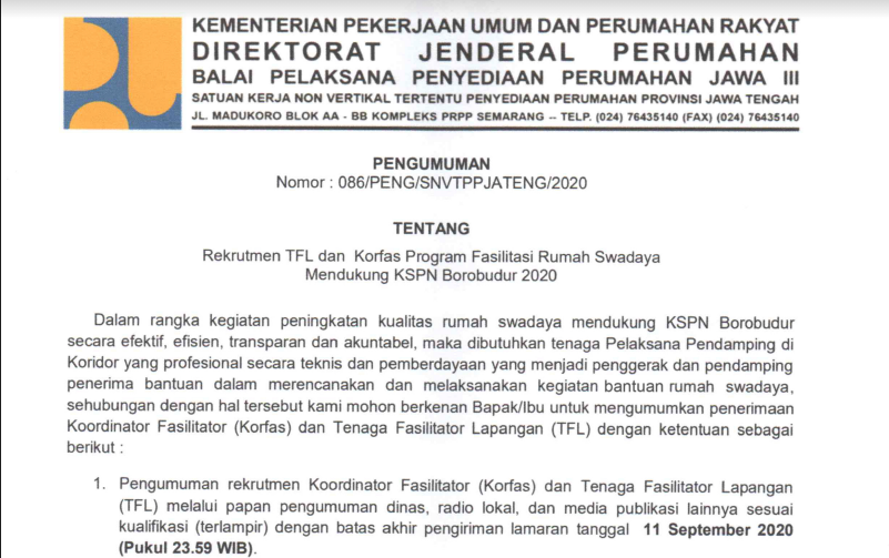 Segera Daftar Tenaga Fasilitator Lapangan dan Korfas Kementrian PUPR, Dukung KSPN Borobudur 2020