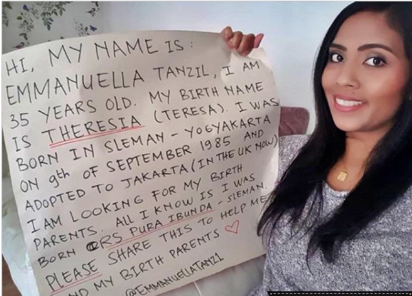 Perempuan bernama Emmanuella Tanzil di Inggris mencari orang tua kandungnya di Jogja