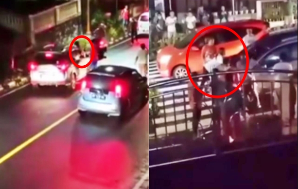 perempuan naik kap mobil depan viral