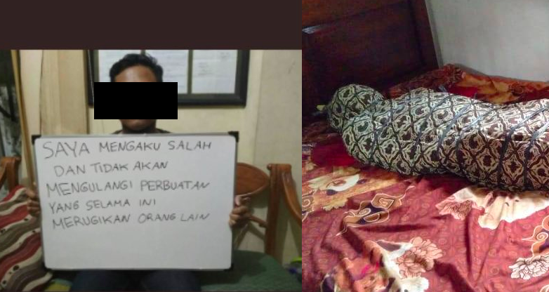KELAINAN SEKSUAL: Terpidana Gilang (kiri) dan korban yang dibungkus kain jarik. (gambar: internet)