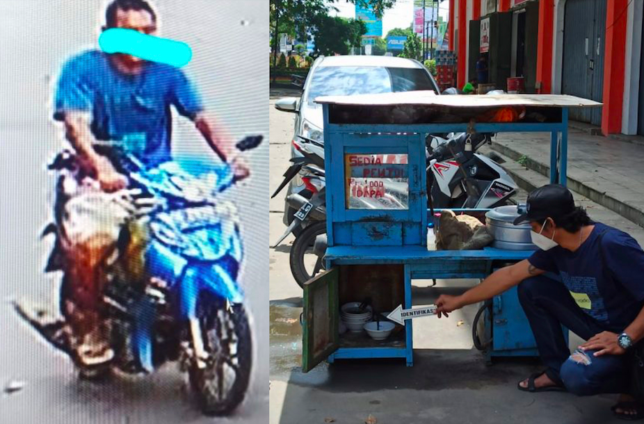 CURANMOR: Pelaku mengendarai motor korban (kiri) dan polisi menemukan rombong pentol. (kolase foto: han)