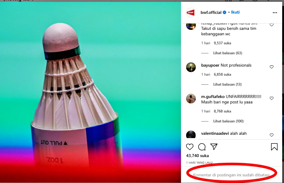 NETIZEN Indonesia serang akun official bulu tangkis dunia