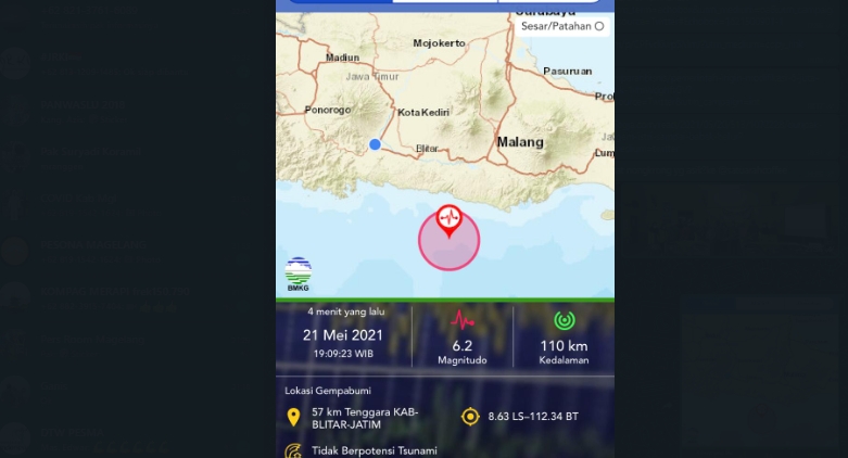 Gempa blitar di laut selatan jawa (21/5/2021)