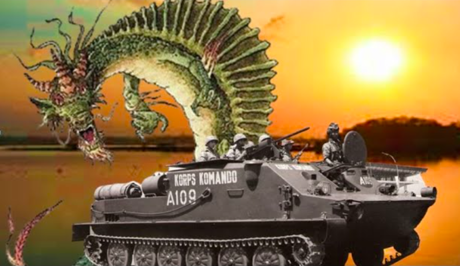 LEGENDA: Ilustrasi tank amfibi milik TNI AL dan Naga Baru Klinting di Danau rand Grati. (Gambar: ist)