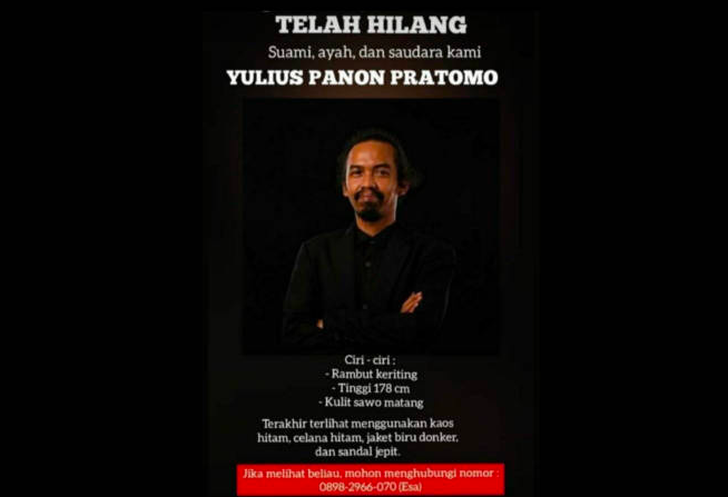 HILANG: Seniman Yulius Panon Pratomo saat dinyatakan hilang sebelum ditemukan meninggal dunia di Sungai Bengawan Solo. (gambar: ist)