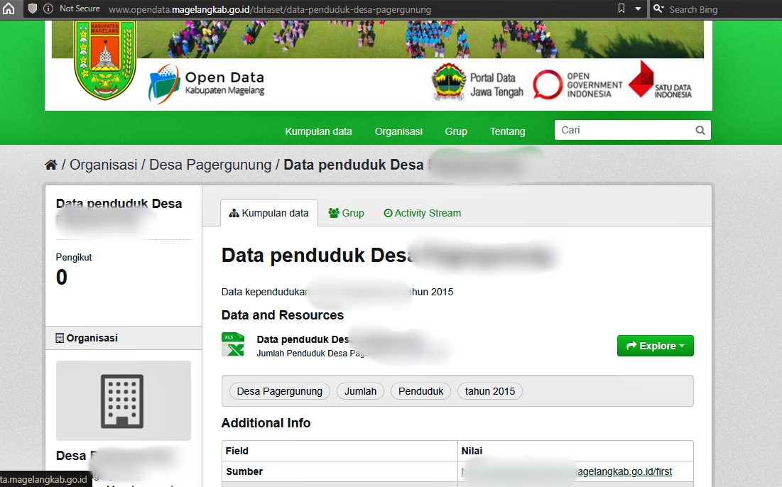 Data Pendudukan di Situs Open Data Pemkab Magelang