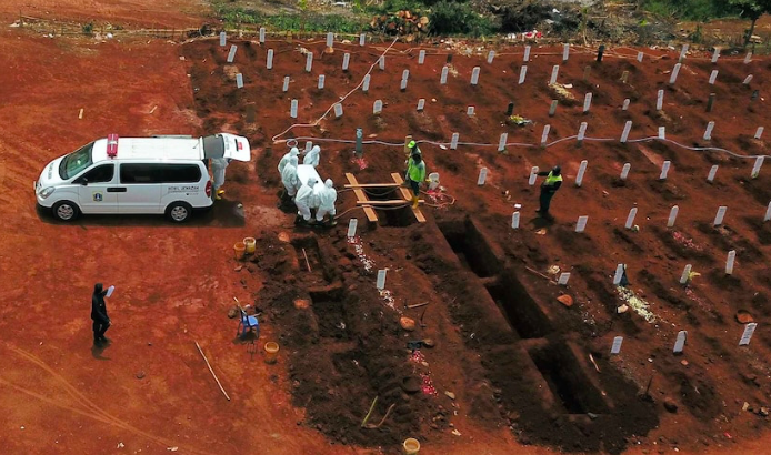 PROKES: Gambar udara prosesi pemakaman korban Covid-19 di kuburan khusus jenazah Corona. (foto: ilustrasi/ist)