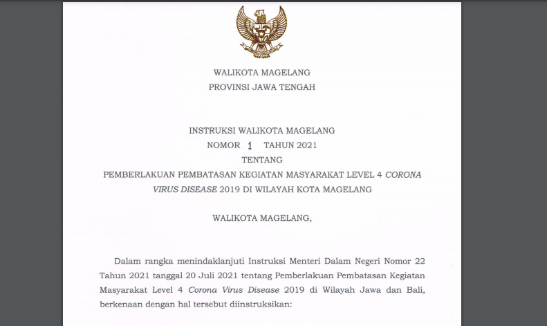 Kota Magelang Terapkan PPKM Level 4, Simak Aturannya