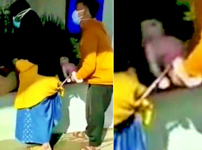 Tangkapan layar video seorang ibu melahirkan di dekat ATM depan Rumah Sakit