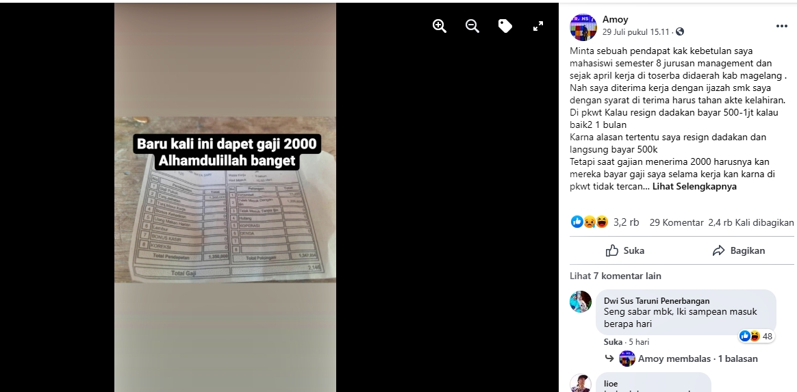viral curhatan mahasiswi dapat gaji 2000 setelah kerja di sebuah toserba di Magelang