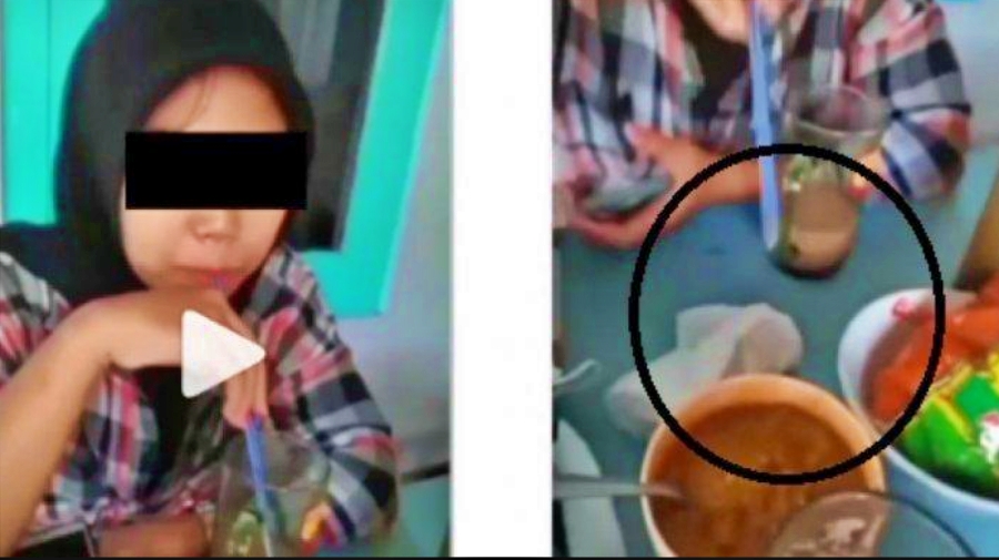 aksi seorang perempuan yang membuat air dari dalam mulut ke tempat sambal