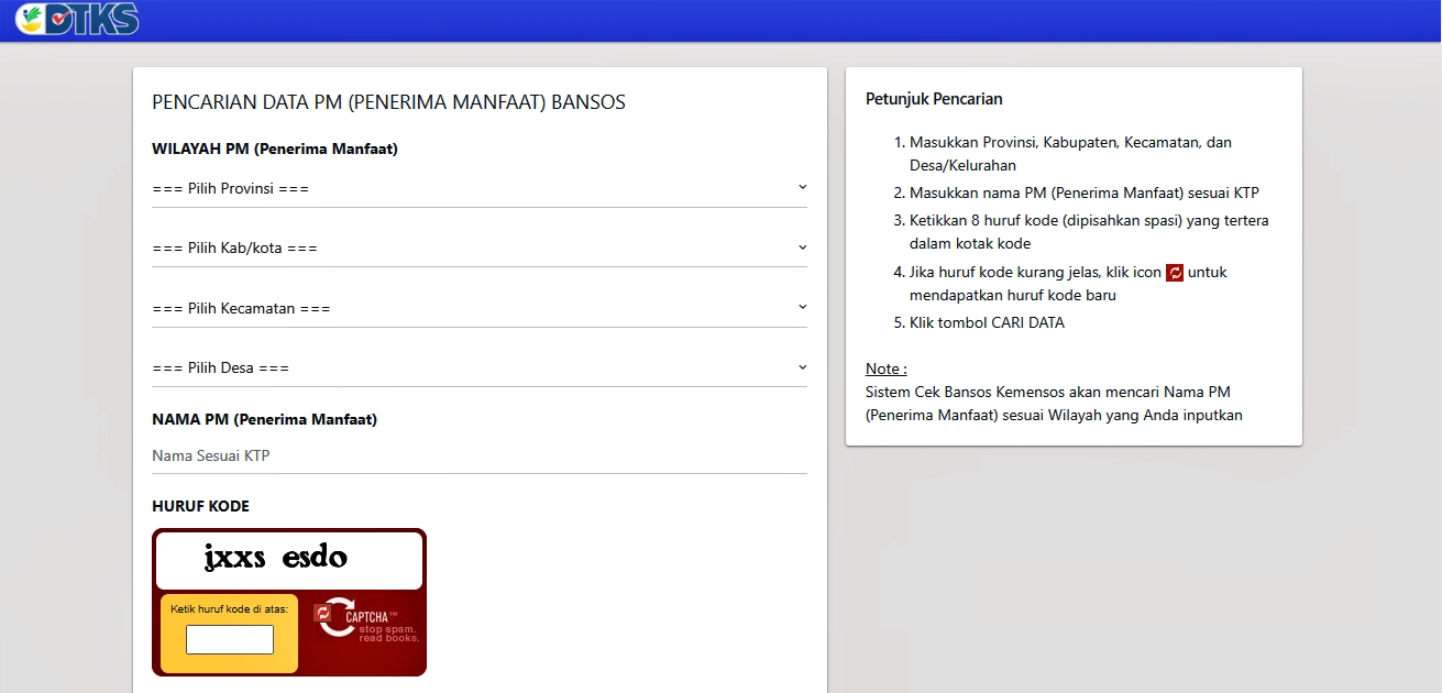 Laman DTKS Kemensos untuk penerima bantuan sosial
