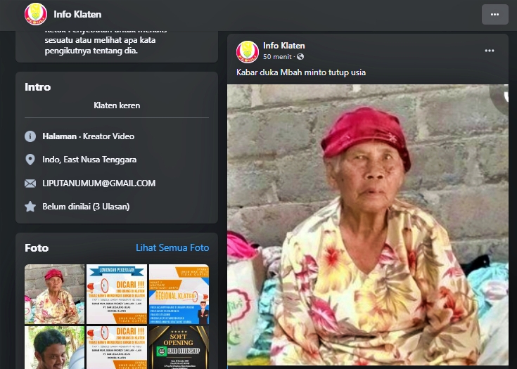Postingan yang mengabarkan youtuber Mbah Minto Klaten meninggal dunia atau tutup usia
