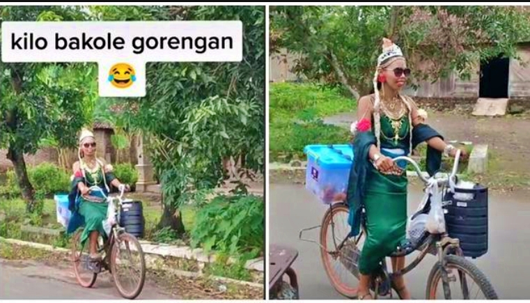 viral penjual gorengan mengenakan kostum Nyi Roro Kidul