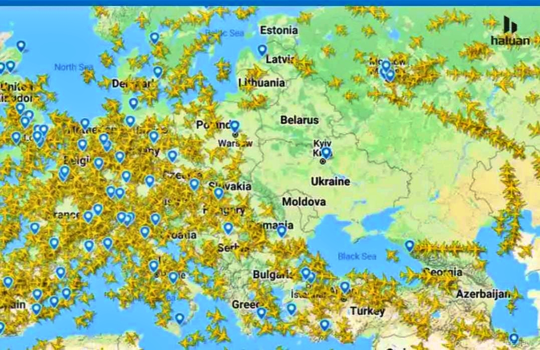 Peta penerbangan Pesawat terbang maskapai di kawasan Eropa dan Rusia