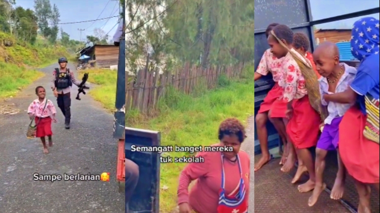 Tangkapan layar video pelajar di papua berangkat sekolah diantar mobil Polisi