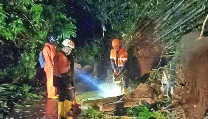 Petugas BPBD Kabupaten Magelang saat mengkondisikan tanah longsor di Tegalrejo