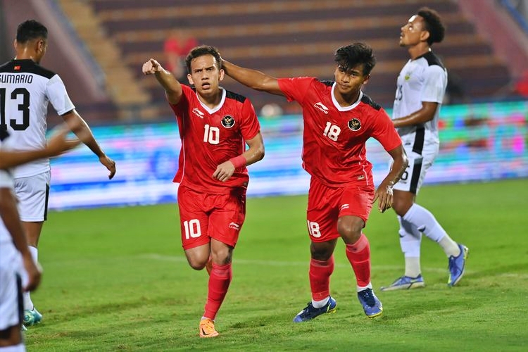 Egy pemain Timnas Indonesia merayakan Gol pertama di gawang Timnas Timor Leste