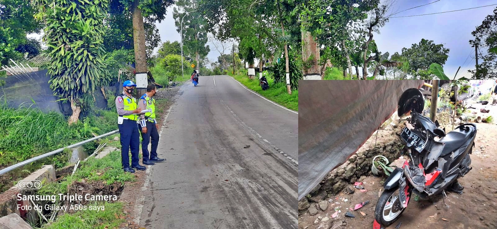 Petugas Satlantas Polres Magelang saat olah TKP Kecelakaan dan foto sepeda motor rusak parah karena tertabrak truk yang berjalan mundur