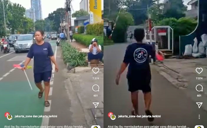 Tangkapan layar video emak emak memegang sapu bubarkan pelajar hendak tawuran