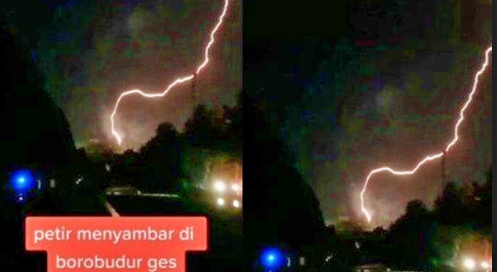 tangkapan layar video kilatan petir diatas Candi Borobudur