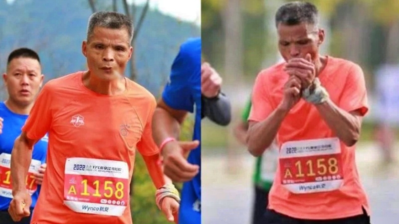 Foto kakek hisap rokok sambil ikut marathon 42 kilometer