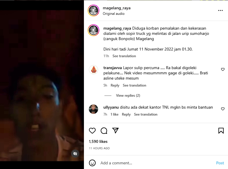 Tangkapan layar video postingan seorang sopir dipalak di Magelang