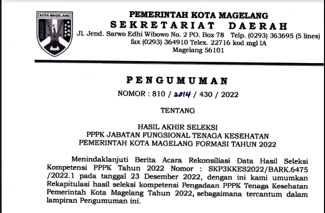 Pengumuman PPPK Tenaga Kesehatan 2022 Kota Magelang