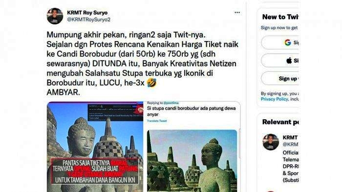 Tangkapan postingan tweet Roy Suryo yang mengupload stupa candi Borobudur mirip Jokowi