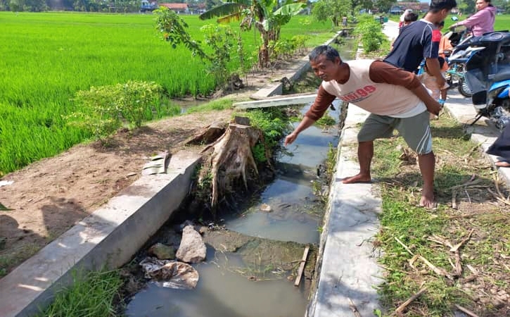 Seorang Petani menunjukan lokasi penemuan mayat bayi di saluran irigasi