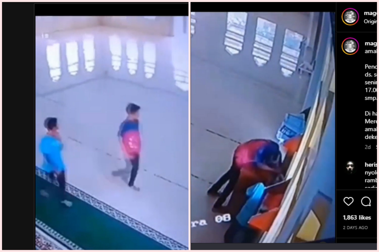 tangkapan layar video cctv dua bocil di Magelang bobol kotak amal masjid