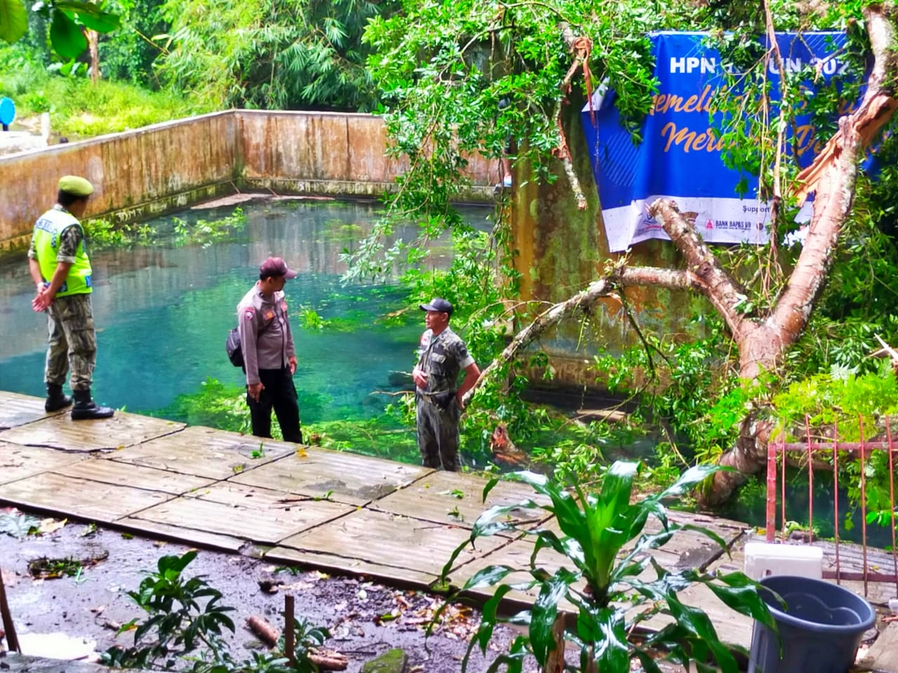 Sebuah dahan pohon beringin besar roboh timpa seorang pria sedang padusan