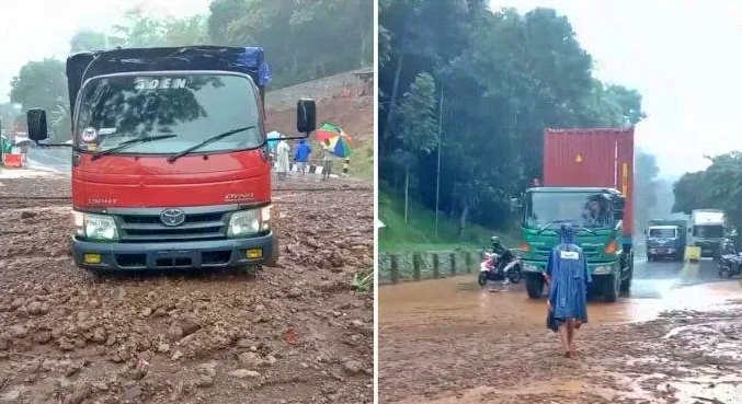 Sebuah truk terjebak di material tanah longsor di Jalan Magelang Ambarawa