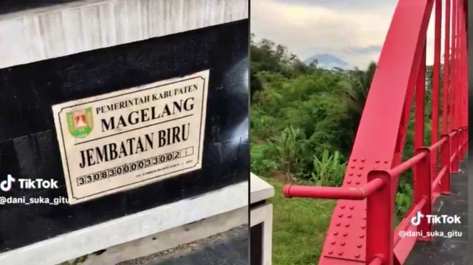 tangkapan layar biru jembatan biru yang berwarna merah di Magelang viral