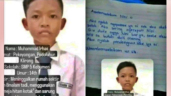 Foto bocah SMP di Kebumen yang kabur dari rumah tinggalkan surat untuk nenek