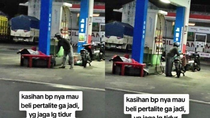 Momen tatkala seorang petugas SPBU tertidur pulas. Calon pembeli mencoba membangunkan namun tidak berhasil.
