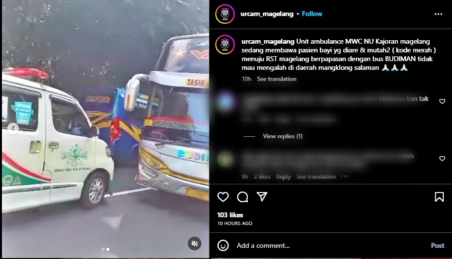 tangkapan layar video viral ambulance membawa pasien terhalang bus yang lawan arah di Magelang