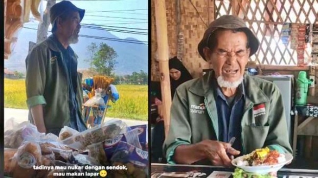 Tangkapan layar video kakek penjual perabot tukar sendok dengan sepiring nasi